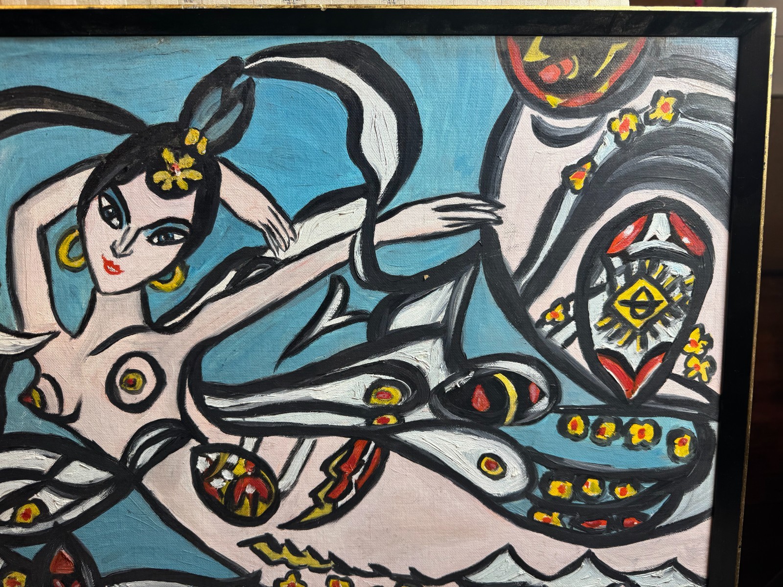 Luba Schiff Framed Figural Mermaid Painting on Canvas Signed Folk Modern 24 x 18