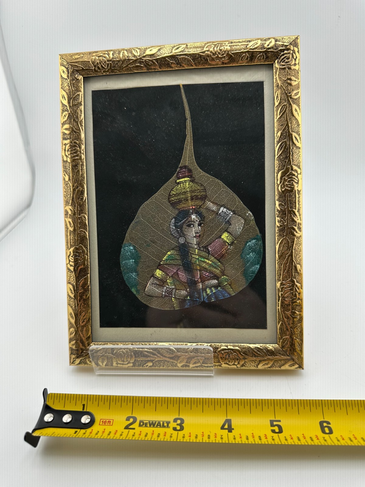 Indian Pipal Leaf Skeleton Painting Woman Carrying Pot Framed Art 7×5