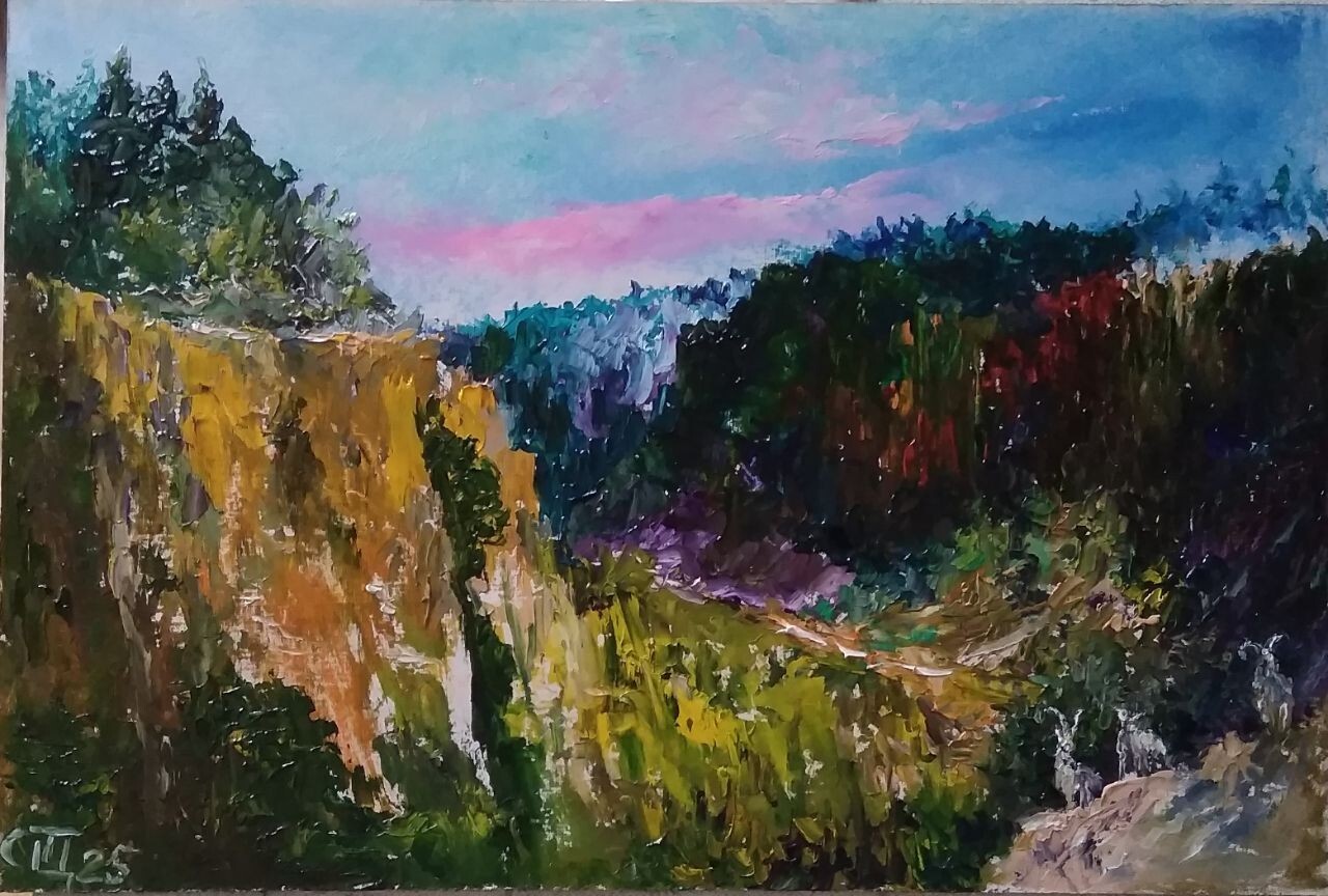 Painting «Canada». Oil on cardboard. Palette knife. 8 x 12 inc. Handmade. 2025.