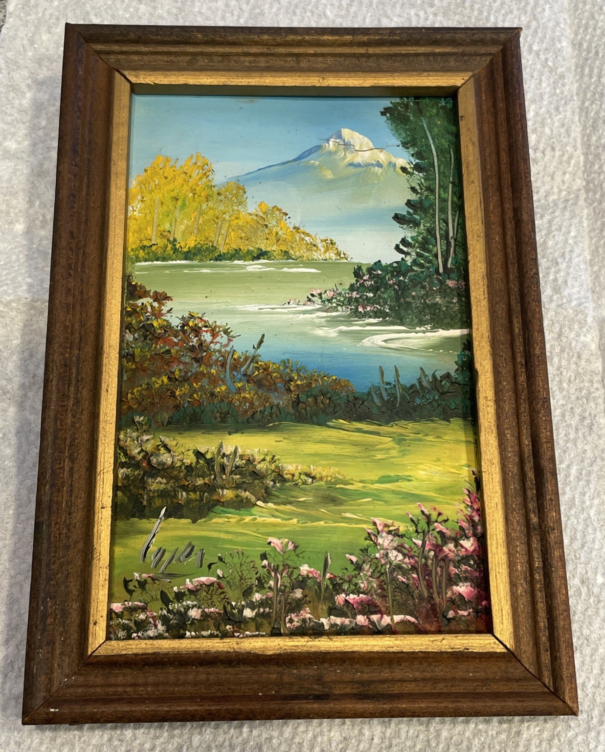 VINTAGE MINI FRAMED OIL PAINTING 6.5” X 4.5” & SIGNED ON BACK /LOVELY LANDSCAPE