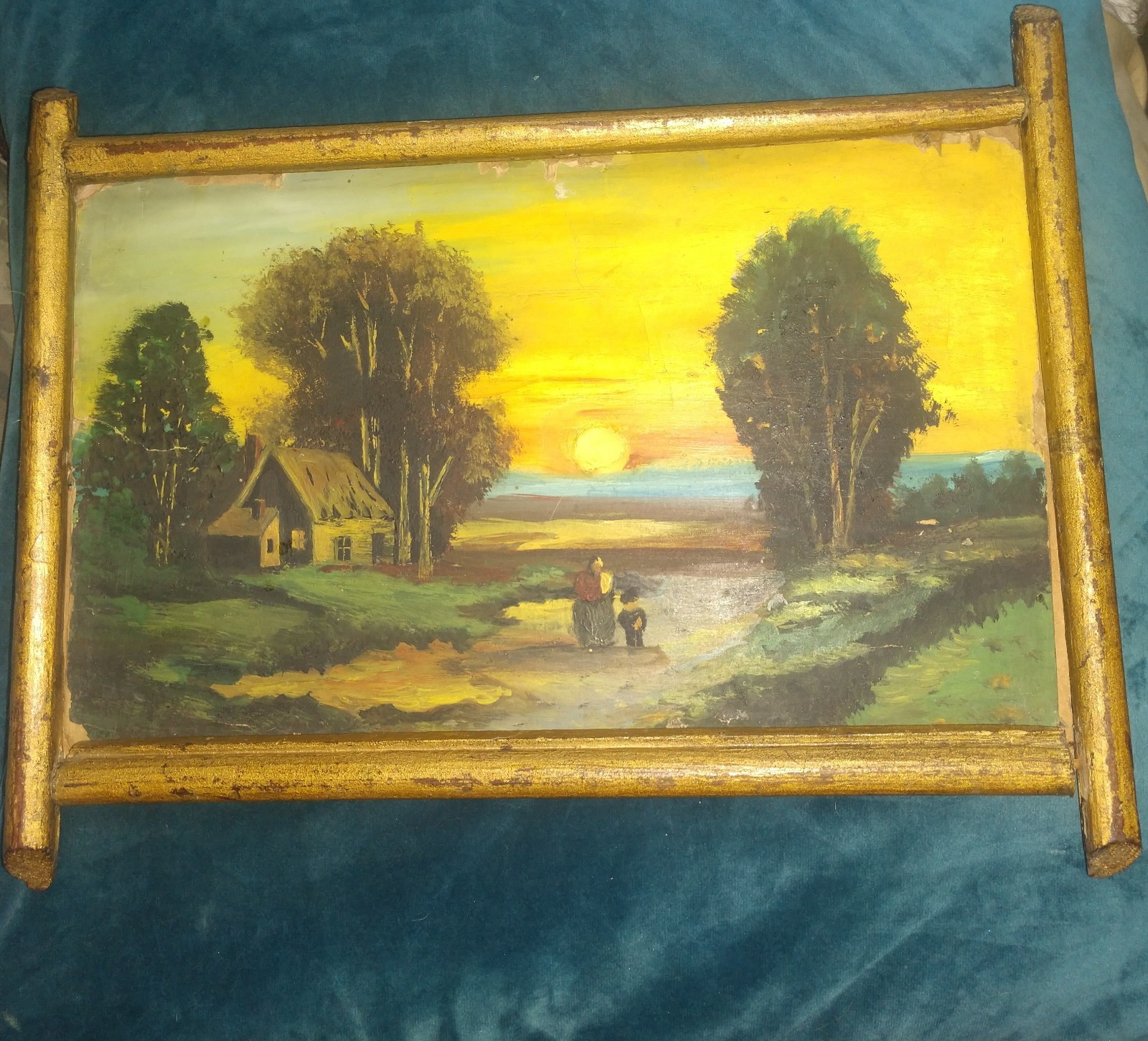 Antique Turn-of-the-Century Landscape Oil Painting on Board – Original Gilded Wo