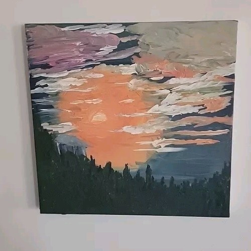 Acrylic Small painting on canvas Handmade MOGAN 11.5in×11.5 in Sunset