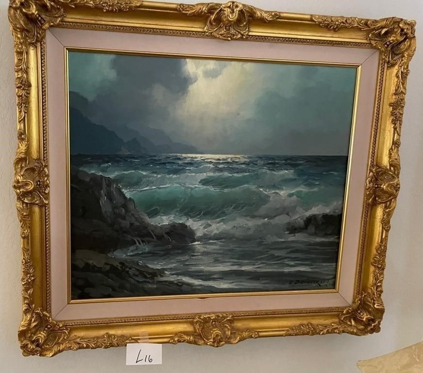 Dramatic Seascape Oil Painting Alexander A. Dzigurski Ornate Gold Frame 25 x 31