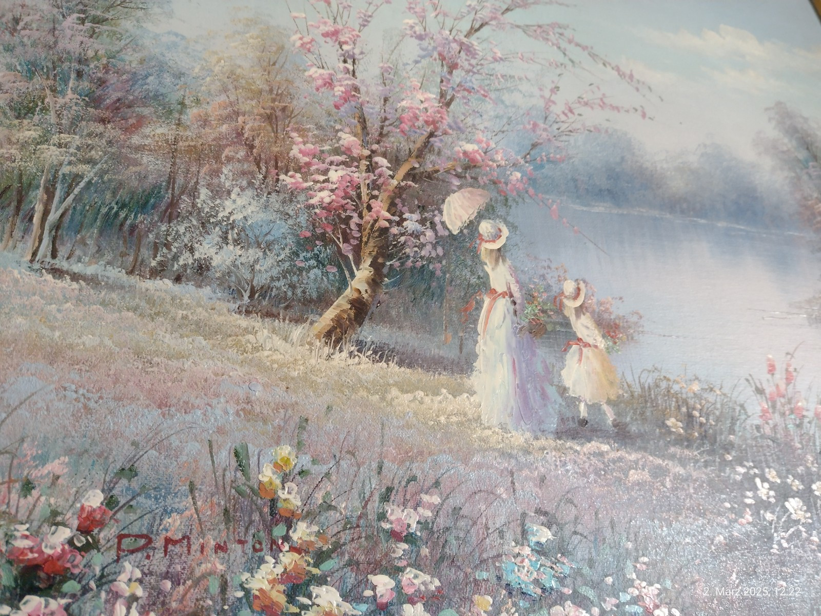 Original Oil Painting «Mother and Daughter at the Lake» by P. Minton, Signed