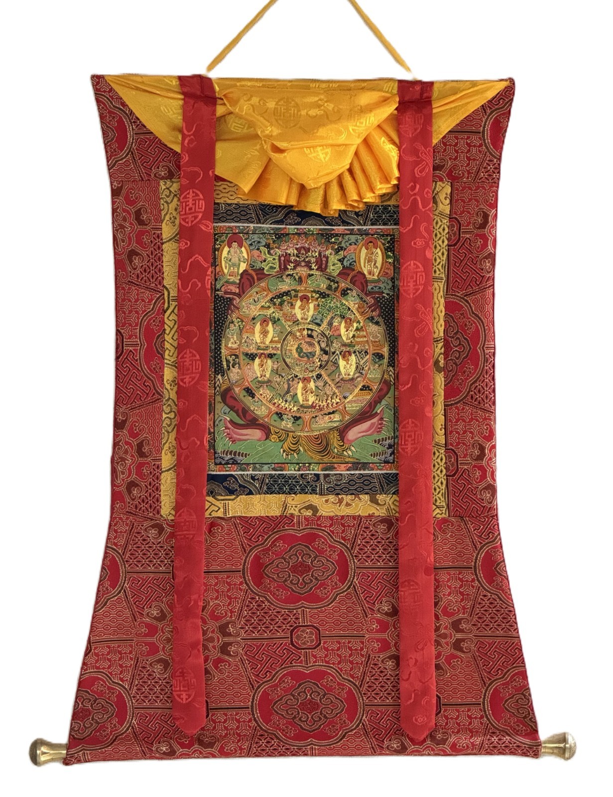 WHEEL OF LIFE MANDALA TIBETAN THANGKA PAINTING WITH PREMIUM SILK BROCADE