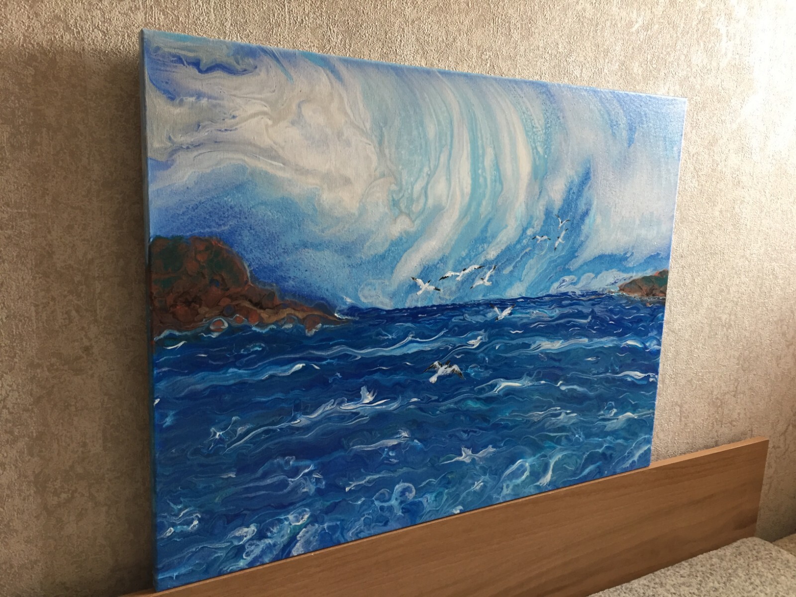 Original Ocean acrylic pour painting on large canvas Fluid art 24×32″