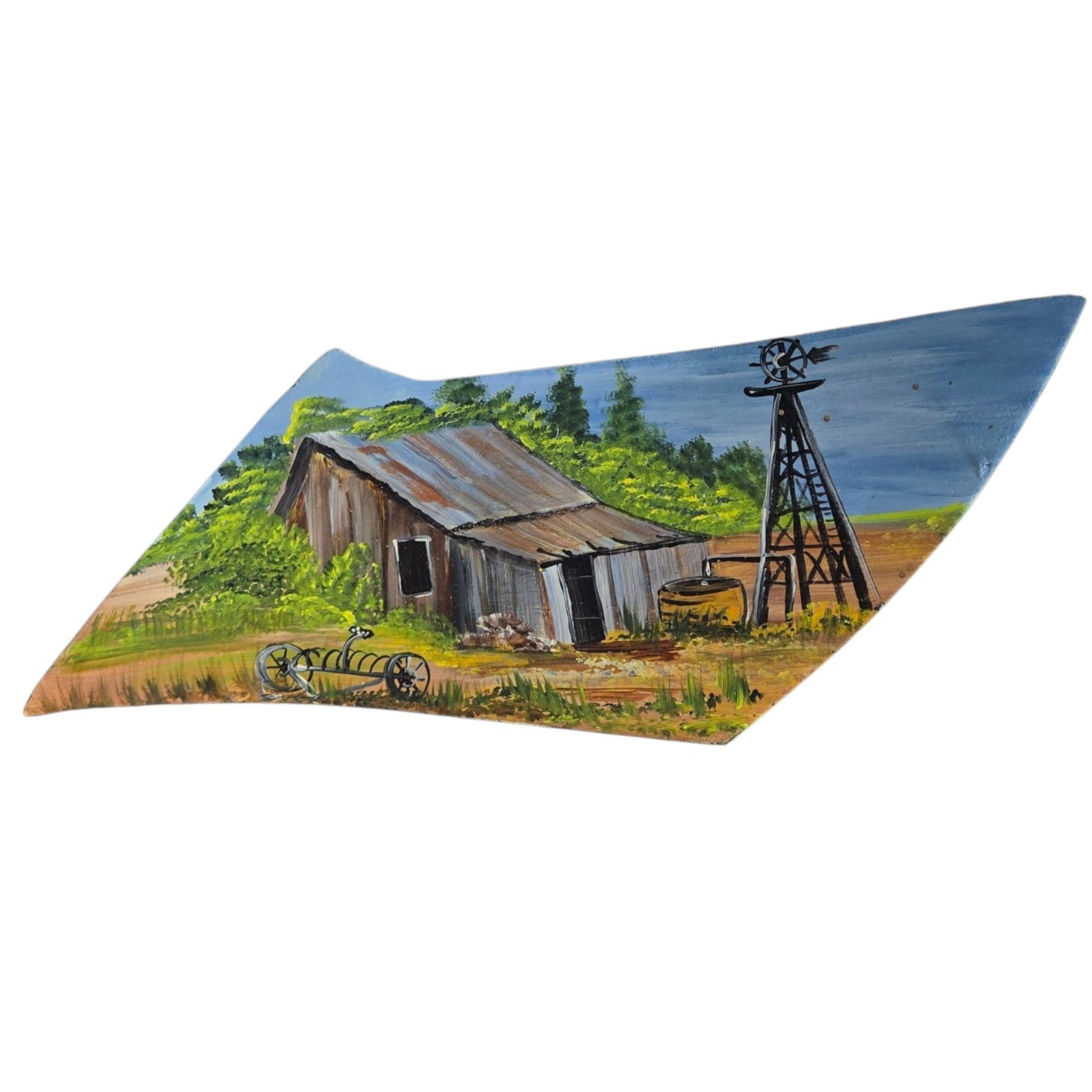 Vintage Barn Scene Folk Art Hand Painted Metal Plow Blade Windmill
