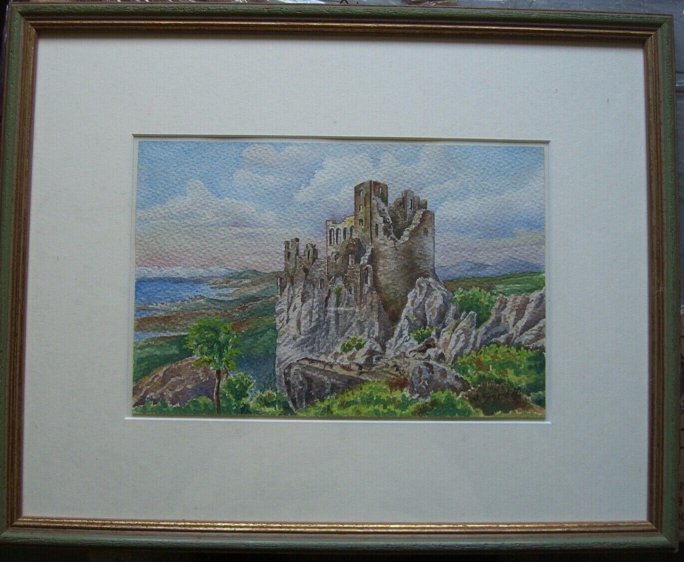 V.Sorelli Watercolor Castle Ruin Mountain Rock Medieval Rough Sign