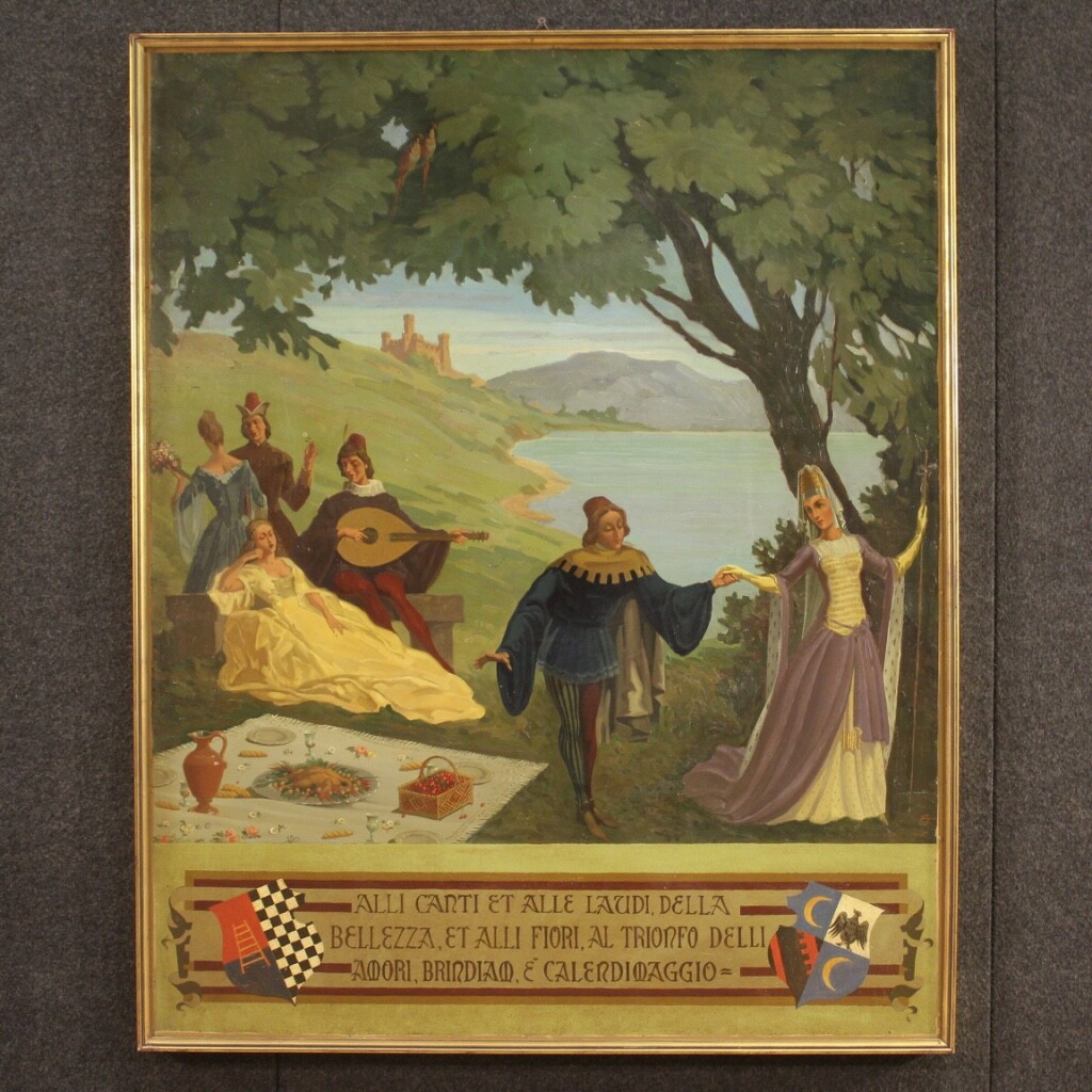 Dated painting framework landscape oil on masonite characters antique style 900