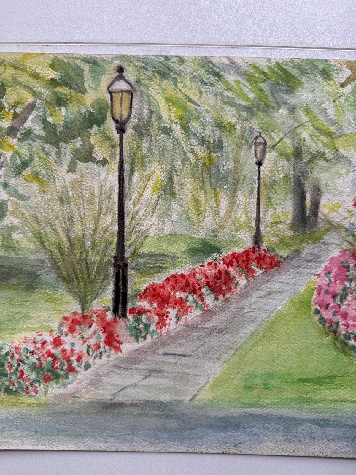 Vintage Watercolor Painting Flowers Garden Path Americana Landscape 13 x 10 OOAK