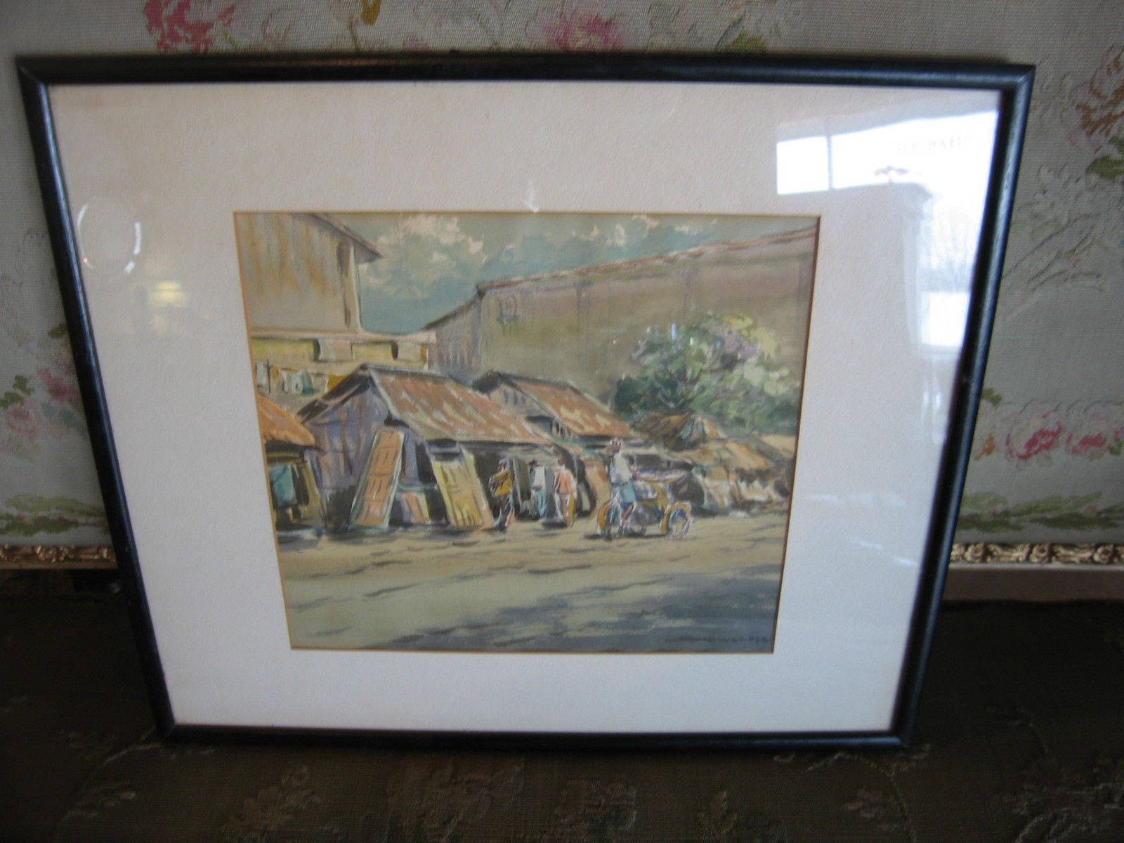 Likely Vintage Signed Watercolor Painting of People in Village & Man on Bike