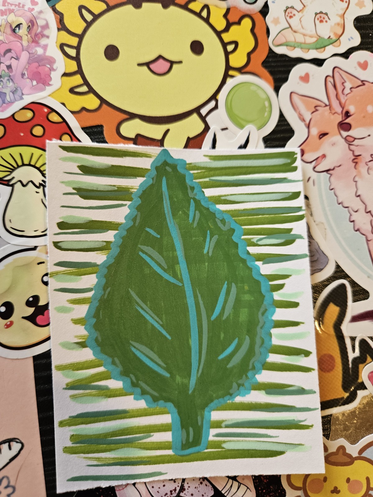 ACEO 2/5 Handmade Big Leaf Plant Sticker, Green Blue White