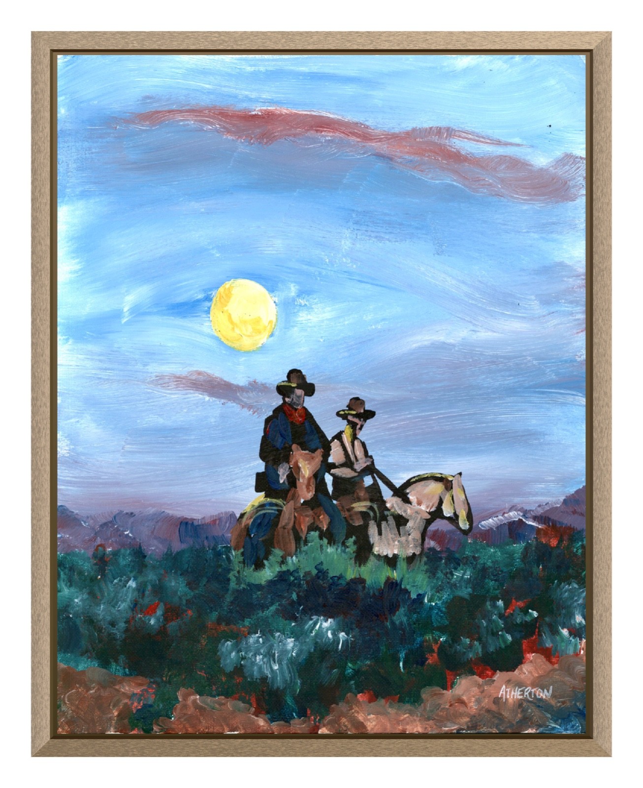 Atherton 11×14 Original Expressionism Acrylic Painting «Cowboys Riding» signed