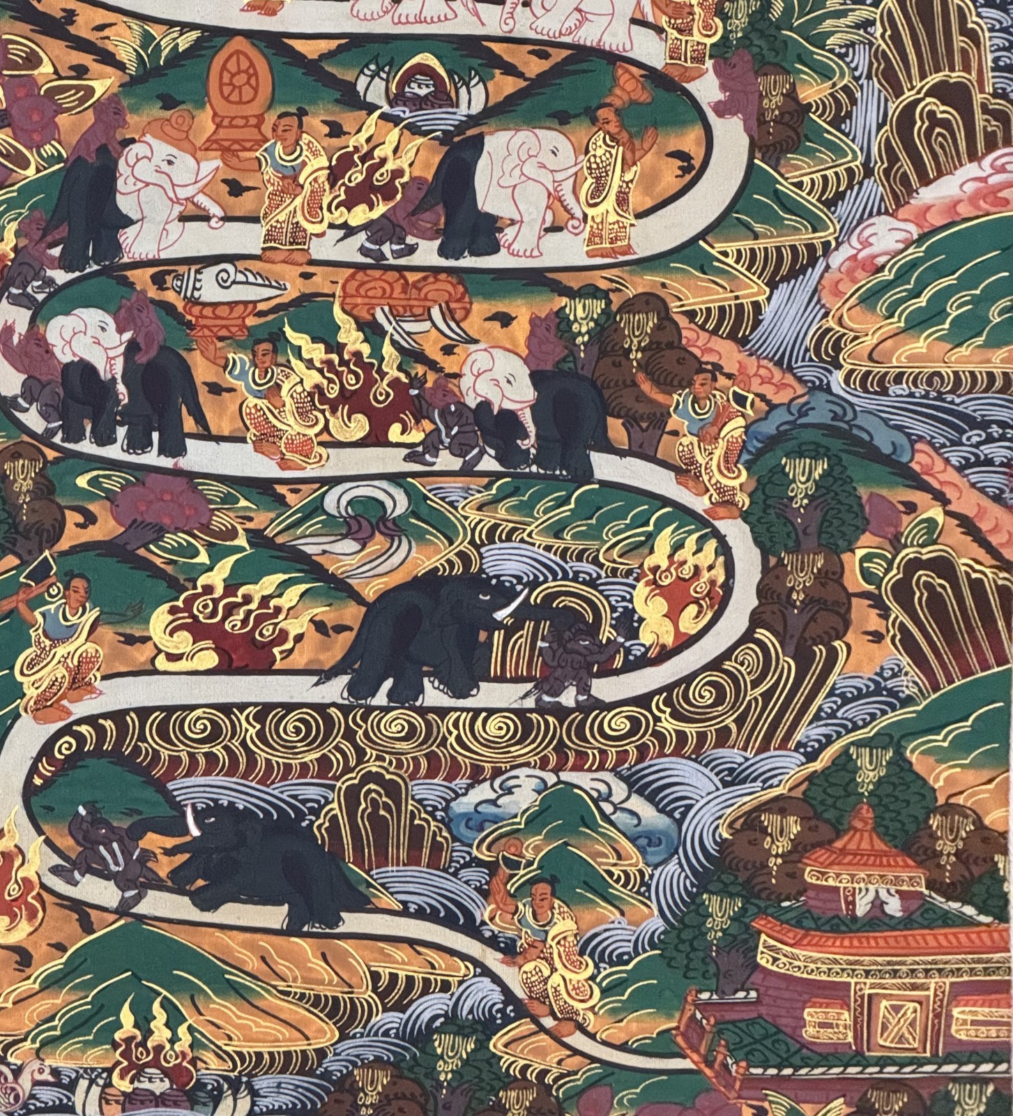 ELEPHANT PATH SAMATHA MEDITATION ORIGINAL TIBETAN THANGKA PAINTING SILK FRAMED