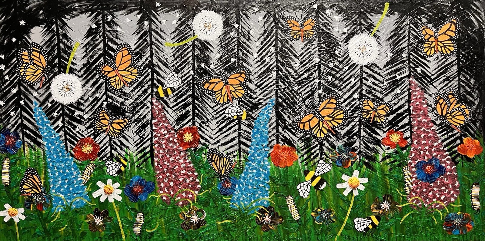 Monarch Butterfly Invasion Large Canvas Acrylic Painting 24×48 Inches
