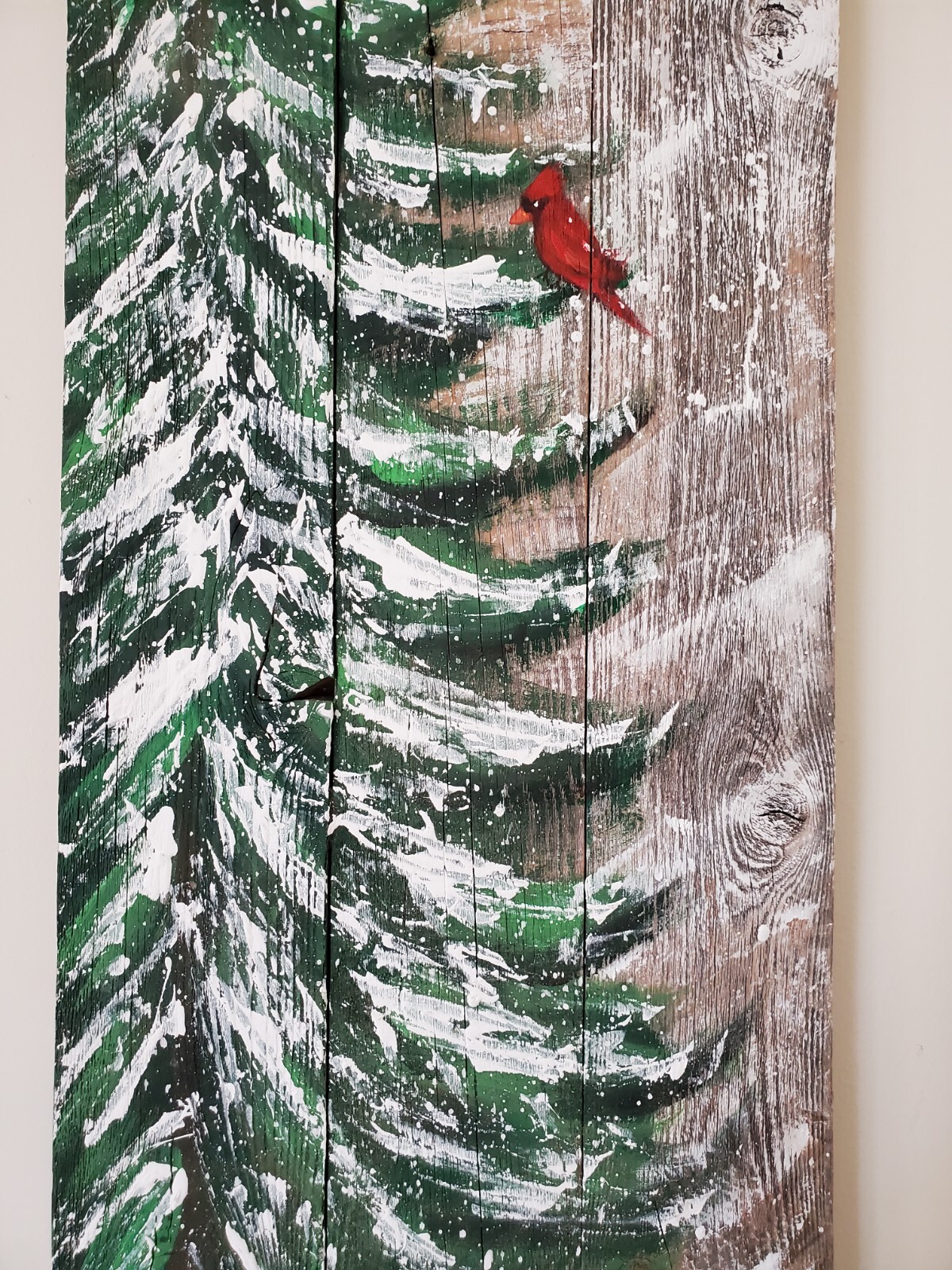 Snowy Pine Tree Evergreen Cardinal Reclaimed Wood Painting Laura Fiorillo Art