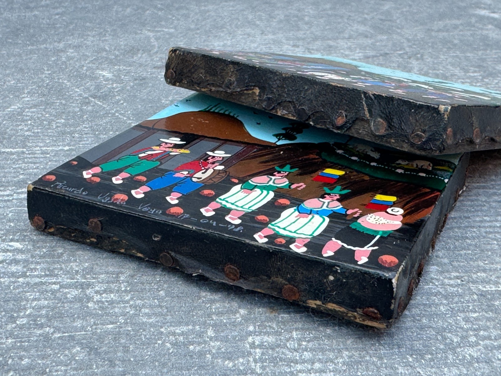2 ALBERTO RICARDO VEGA ORIGINAL TIGUA PAINTING PERU PERUVIAN FOLK ART ON LEATHER