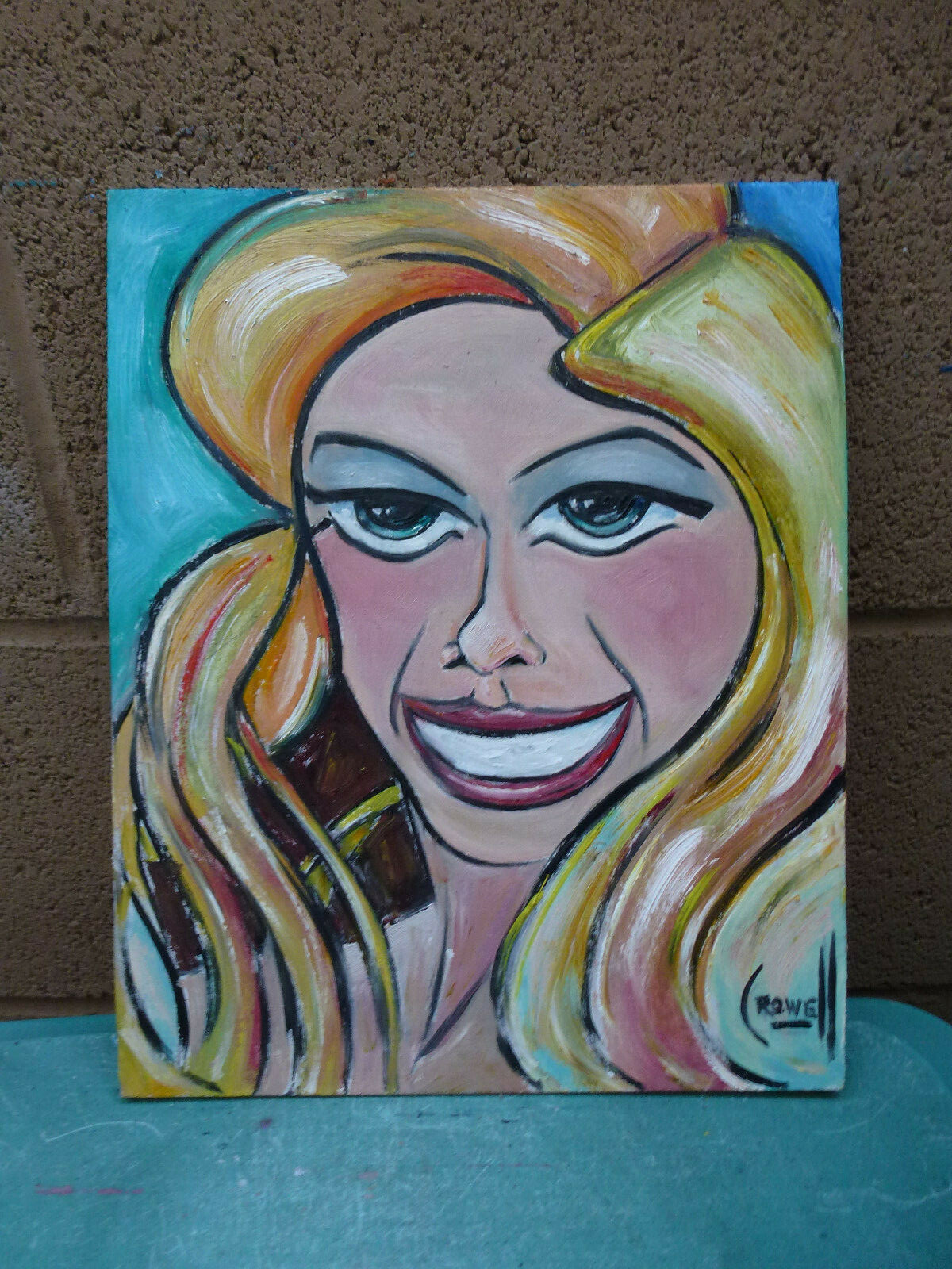 CLARISSE smile woman oil painting modern original art 8×10 wood signed Crowell