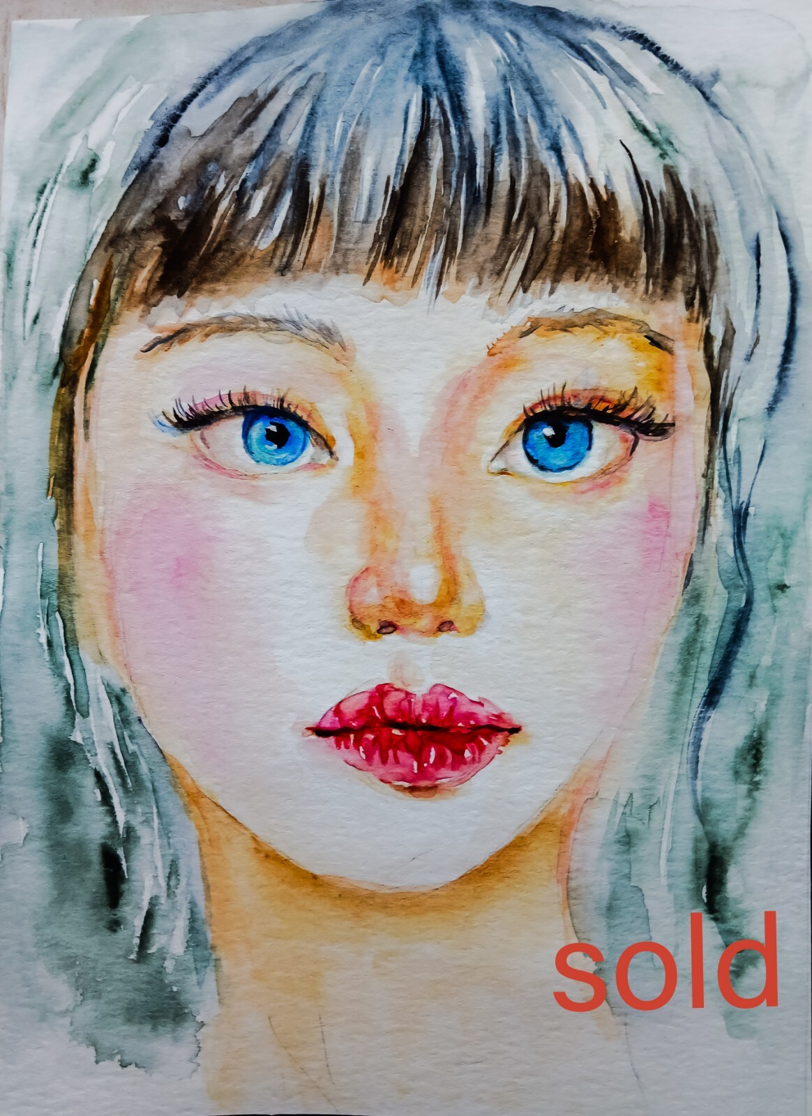 Women portrait female face art,original watercolor painting,wall interior decor