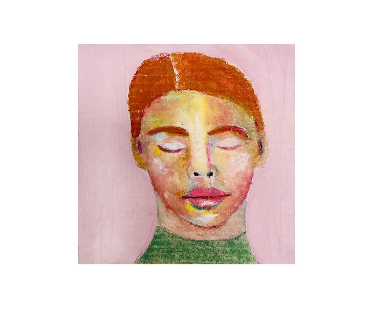 Original Woman Portrait Painting 8×8 Buddhist Meditating Artwork Pink Orange