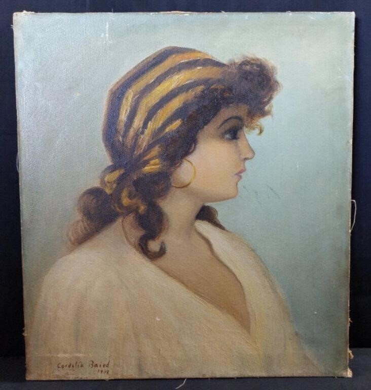 Original Antique Oil Painting Gypsy Girl, signed Cordelia Baird dated 1908