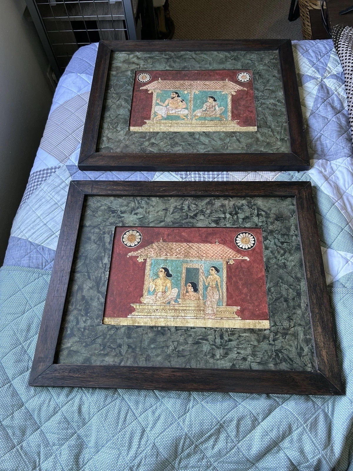 Modern Indian/Sri Lankan Jain Kandyan Frescoes Inspired Wood Frame Paintings (2)