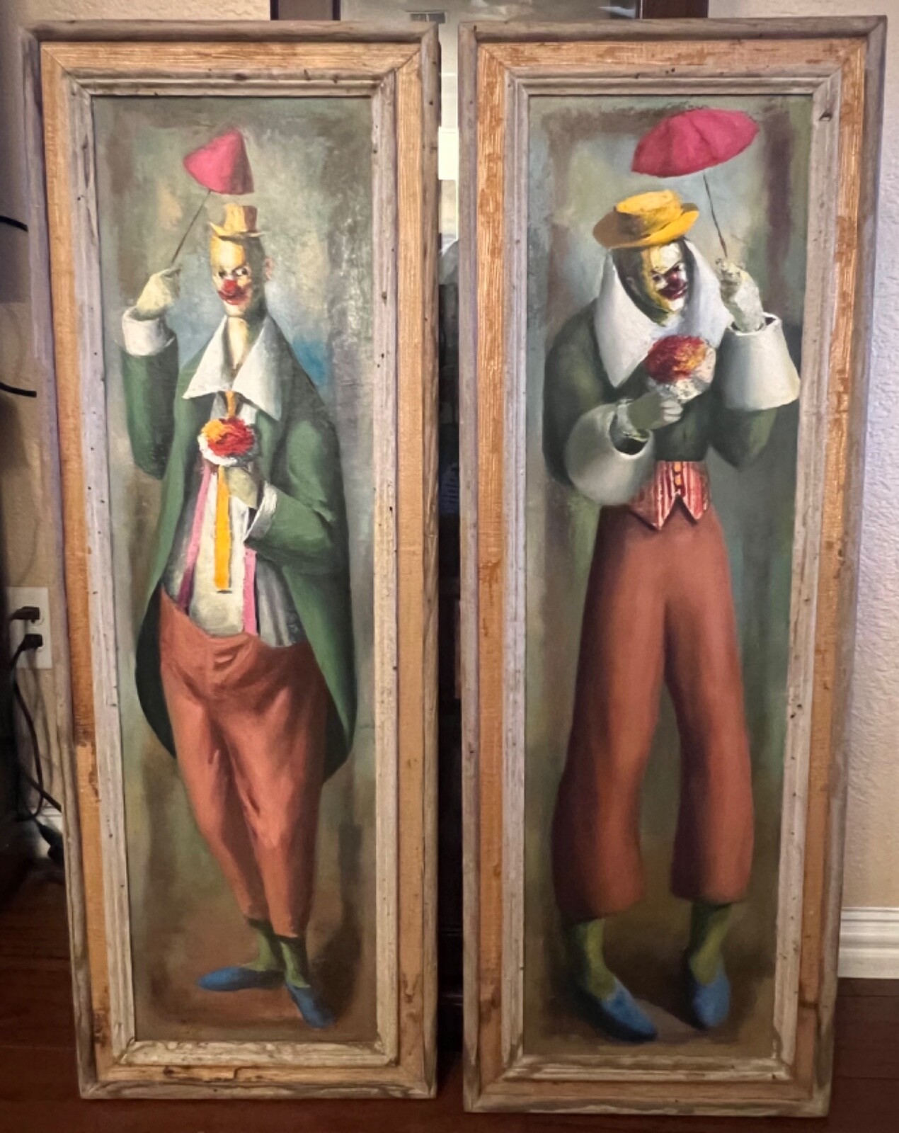 Clowns by Leslie Larsson, Oil on Board, 40.5 in X 14.5 in, Framed