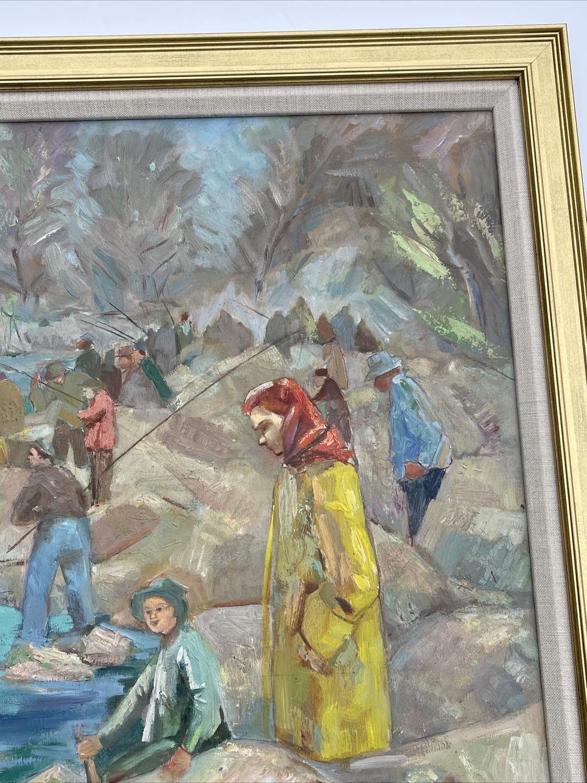 Fisherman painting people fishing mid century American Impressionism landscape