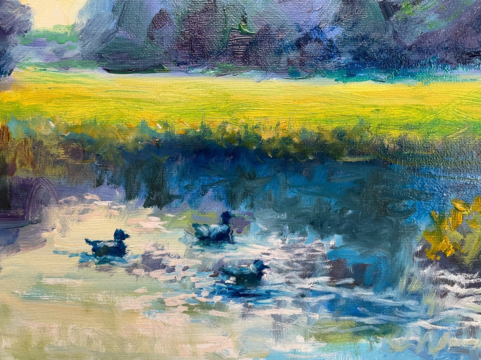 SUNLIT POND WITH FISHERMAN – Original Oil Painting 12×16 Canvas Panel by Andrew