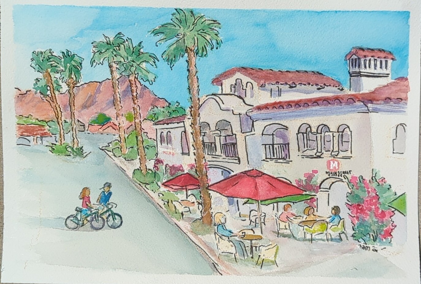Main Street Coffee Old Town La Quinta Original Watercolor RAMfish Artist 7X10