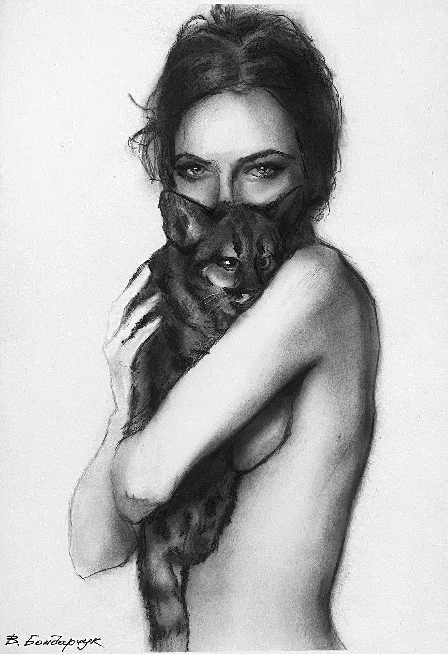 Original charcoal drawing. girl portrait. minimalist black and white art