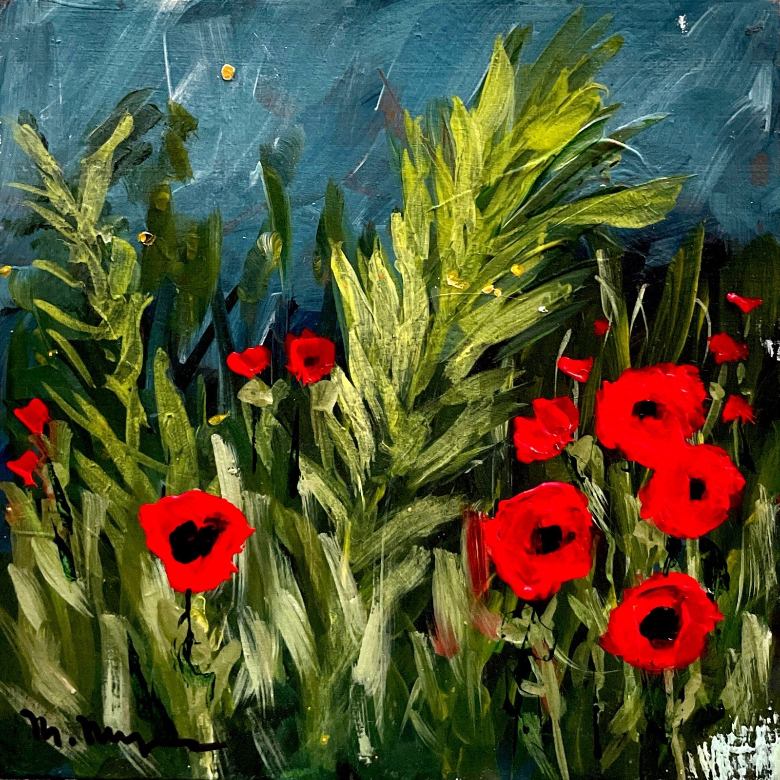 Red Poppy Meadow Textured Painting Original Hand Painted on wood cradled panel