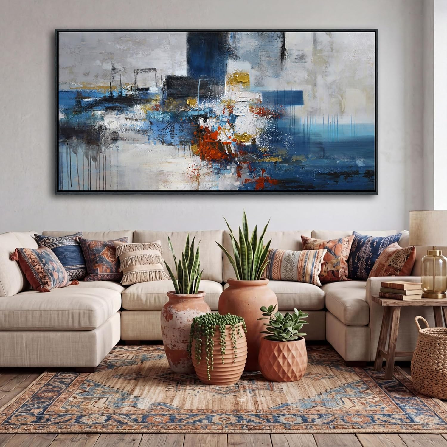Extra Large Blue Abstract Canvas Art for Modern Living Room 29x58IN