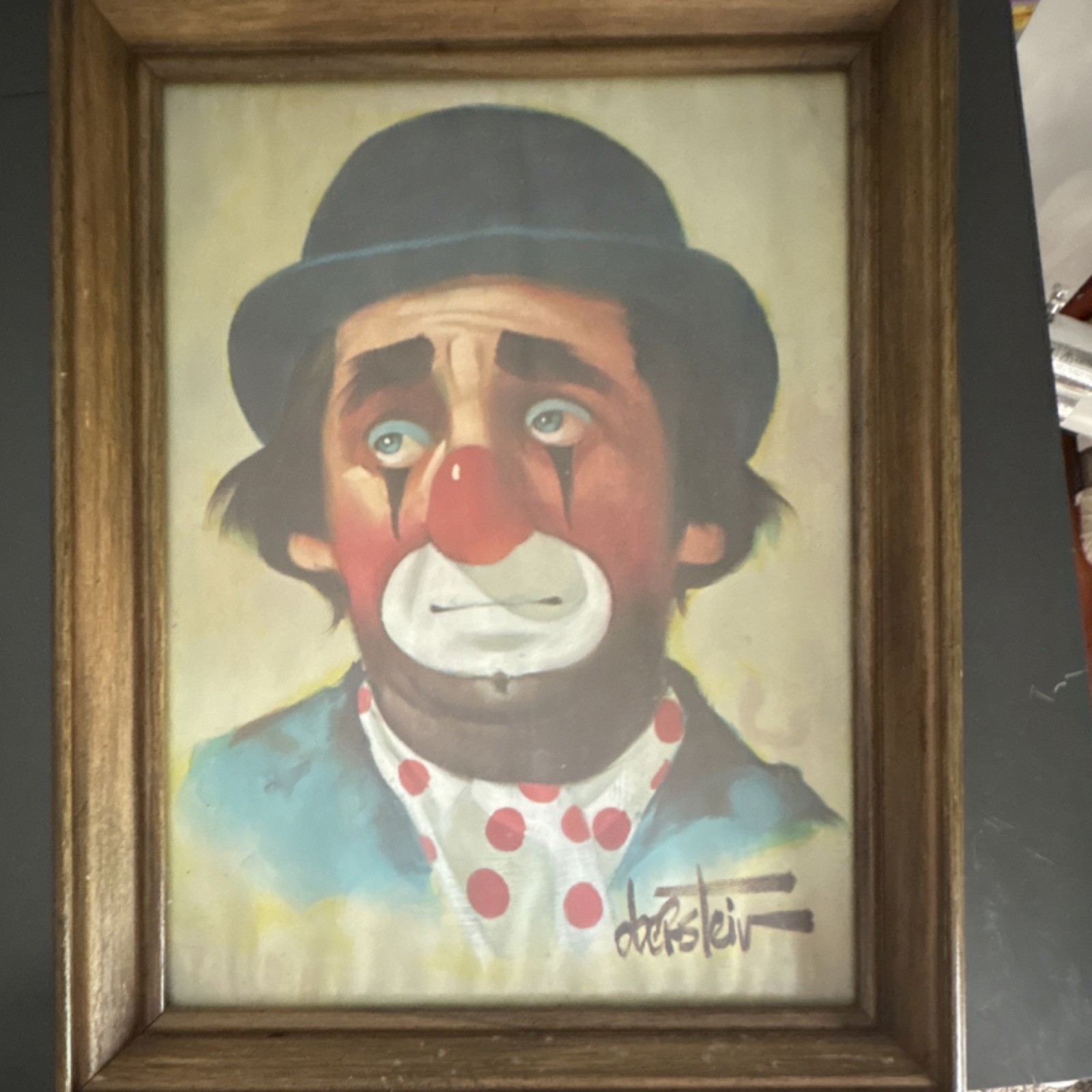 Doris Klein Framed Signed Portrait Painting Clown Man Bowler Hat Red Scarf