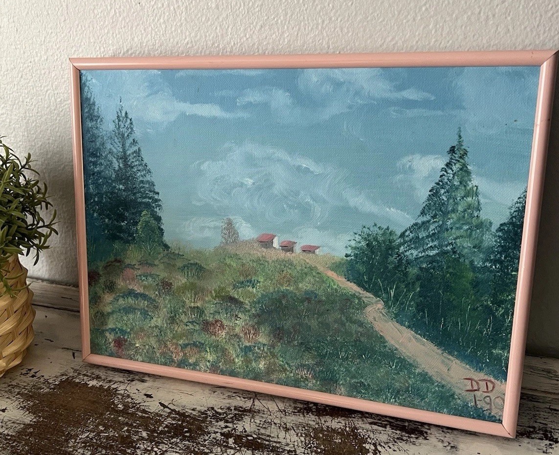 Vintage Original Acrylic Landscape Painting Pink Framed 10 x 14 D.D. 1990