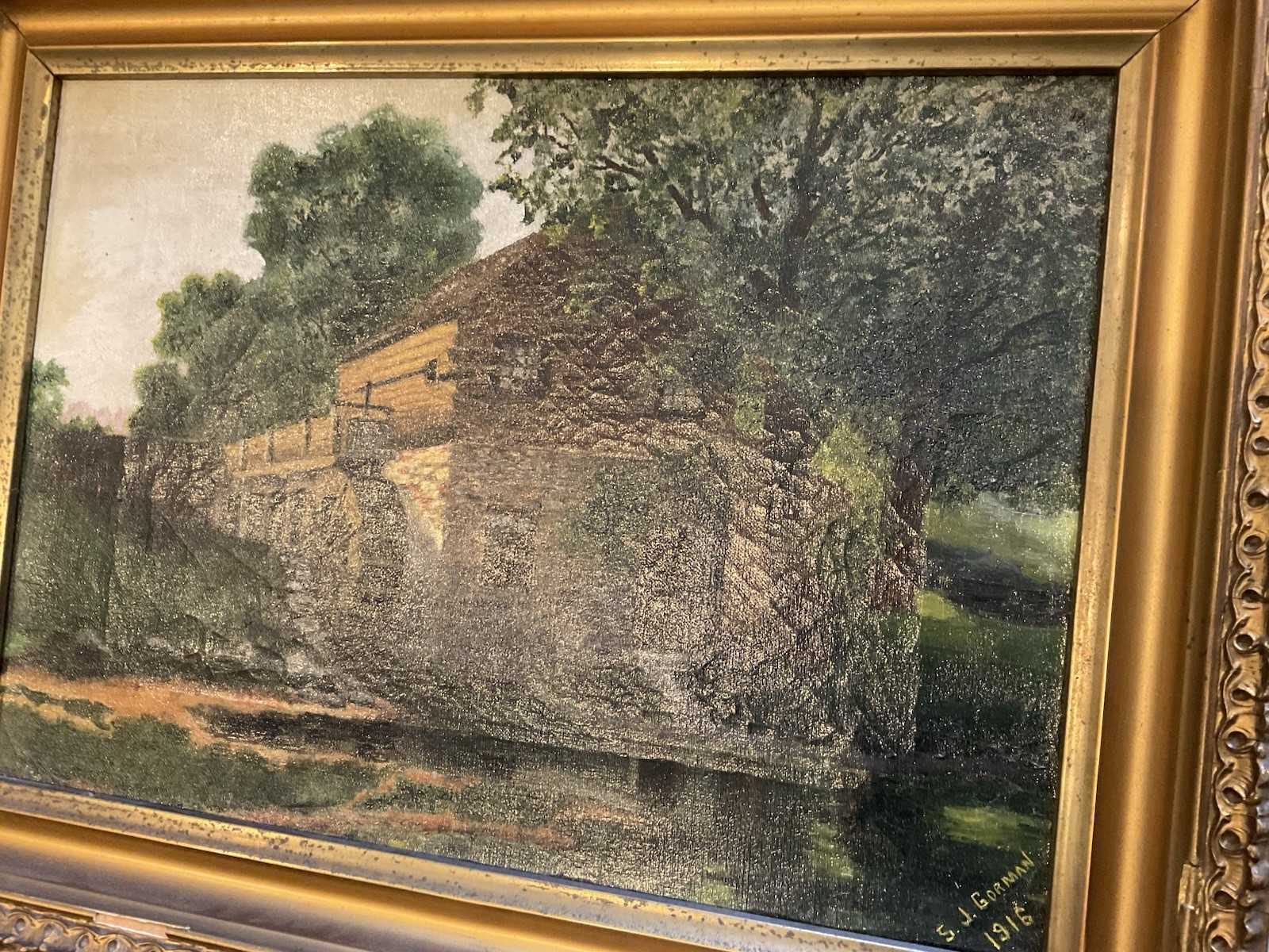 ORIGINAL 1916 SIGNED DATED OIL PAINTING WATER MILL