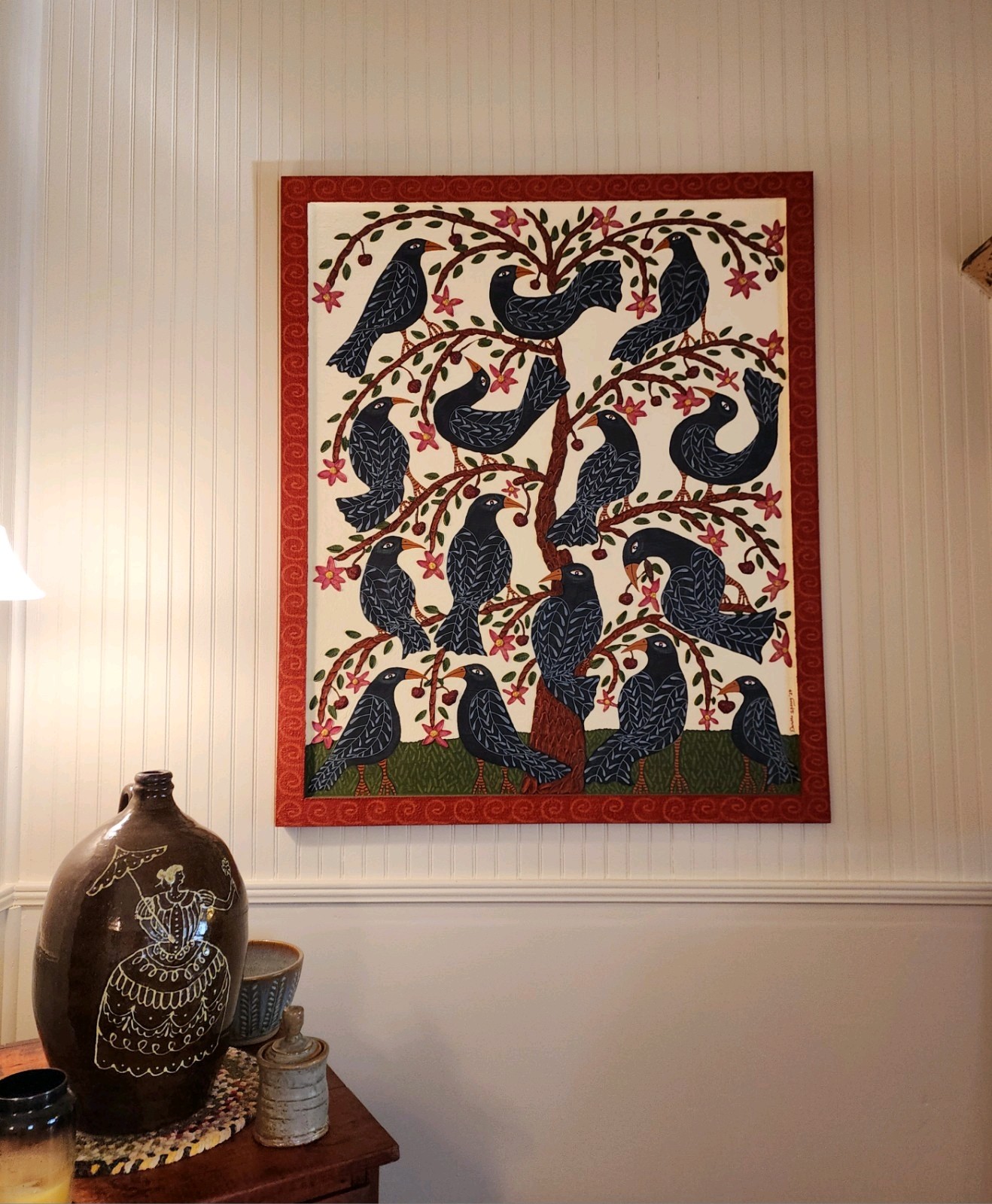 Danette Sperry Southern Primitive Crow Bird Folk Art Painting «Cherry Paradise «