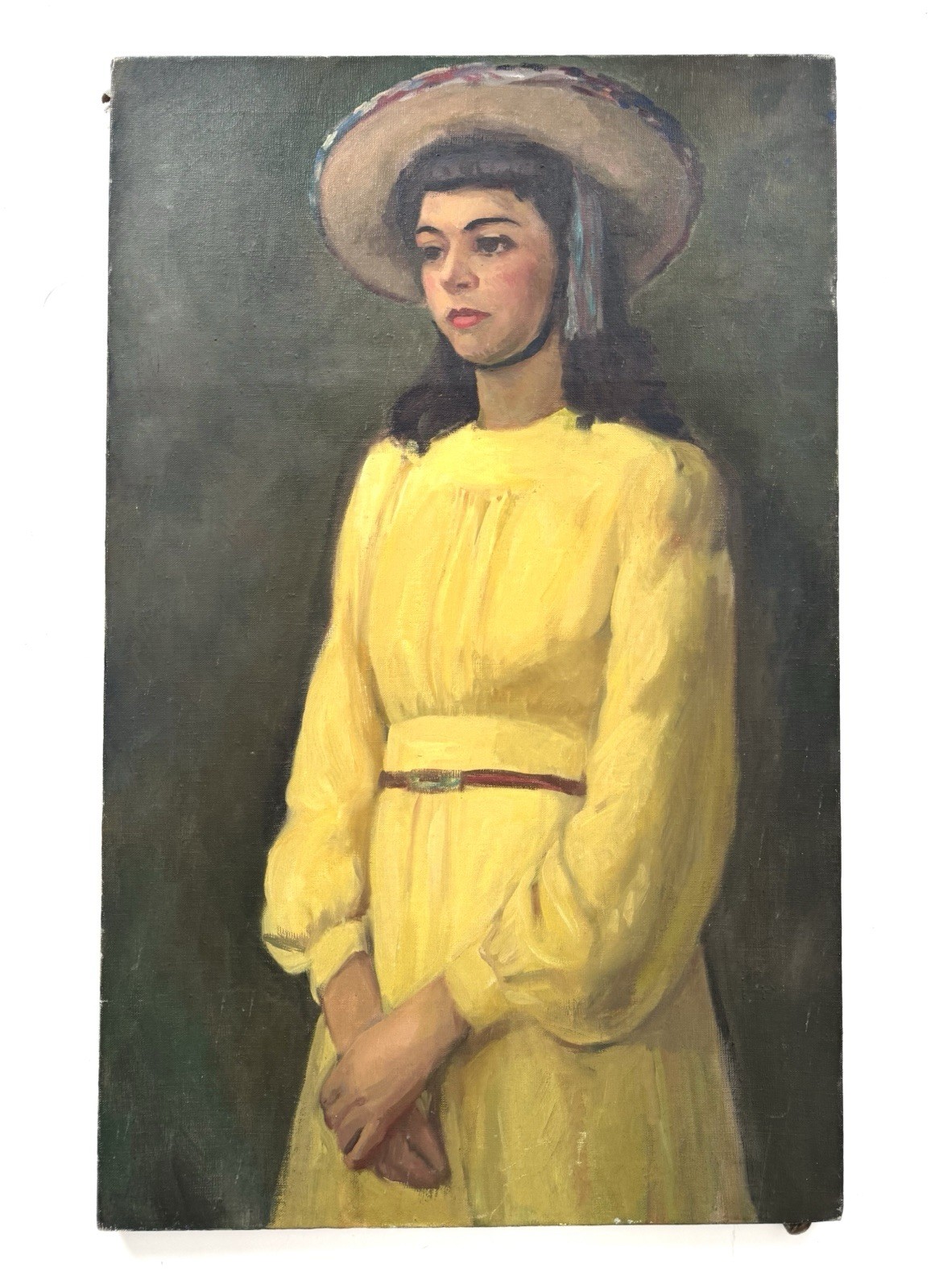 Vintage Large Portrait Painting of Woman Girl in Hat and Yellow Dress 35×22
