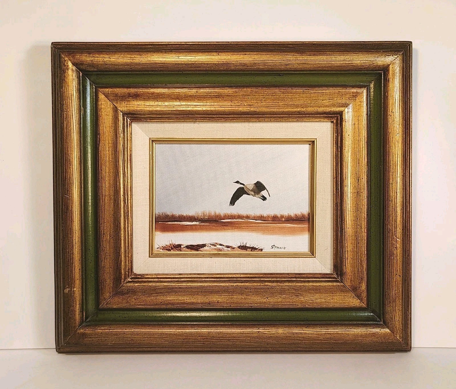Original 5″x 7″Oil Painting Canada Goose Flying Over a Marshy Landscape Signed