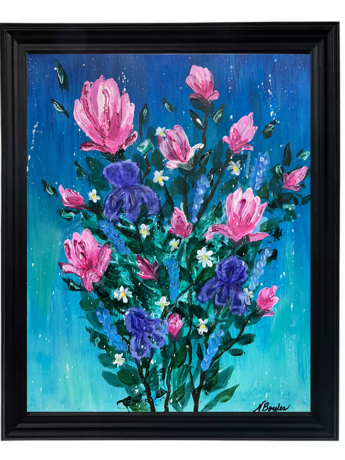 One of a kind acrylic painting abstract flower bouquet 16 x 20 signed canvas