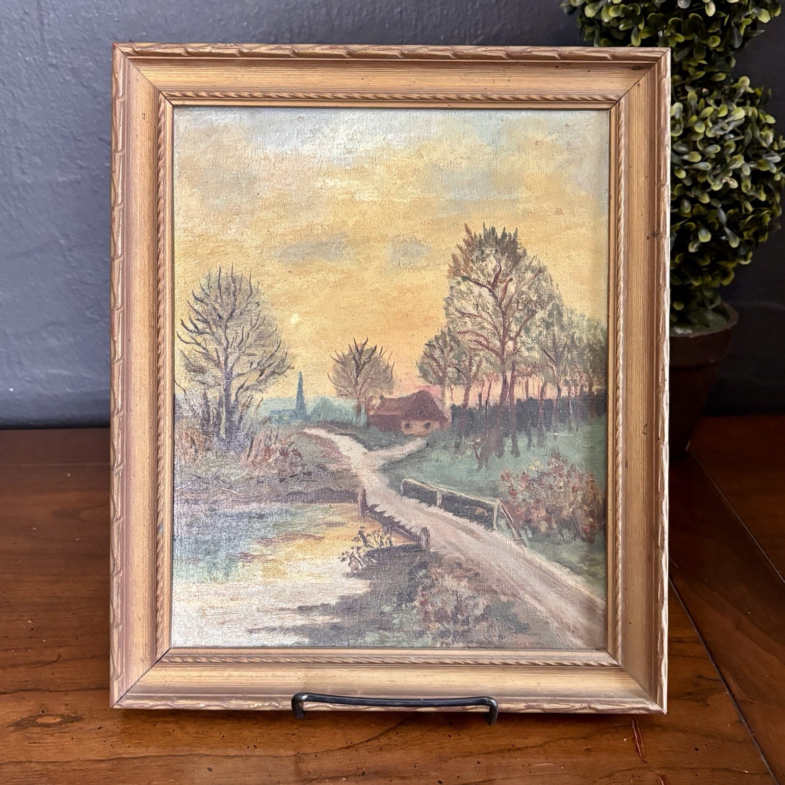 Antique Original Oil Painting Country Road Landscape Sunset 12×10 New England