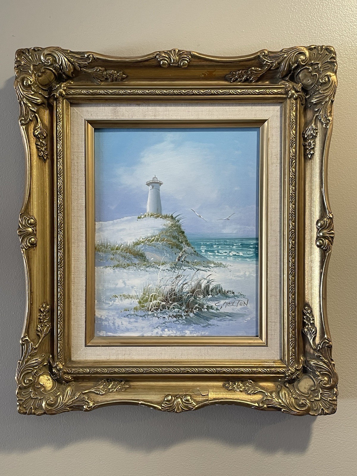 C. Melton ORIGINAL Silver Blue Sand Dunes Ocean Lighthouse SIGNED / FRAMED