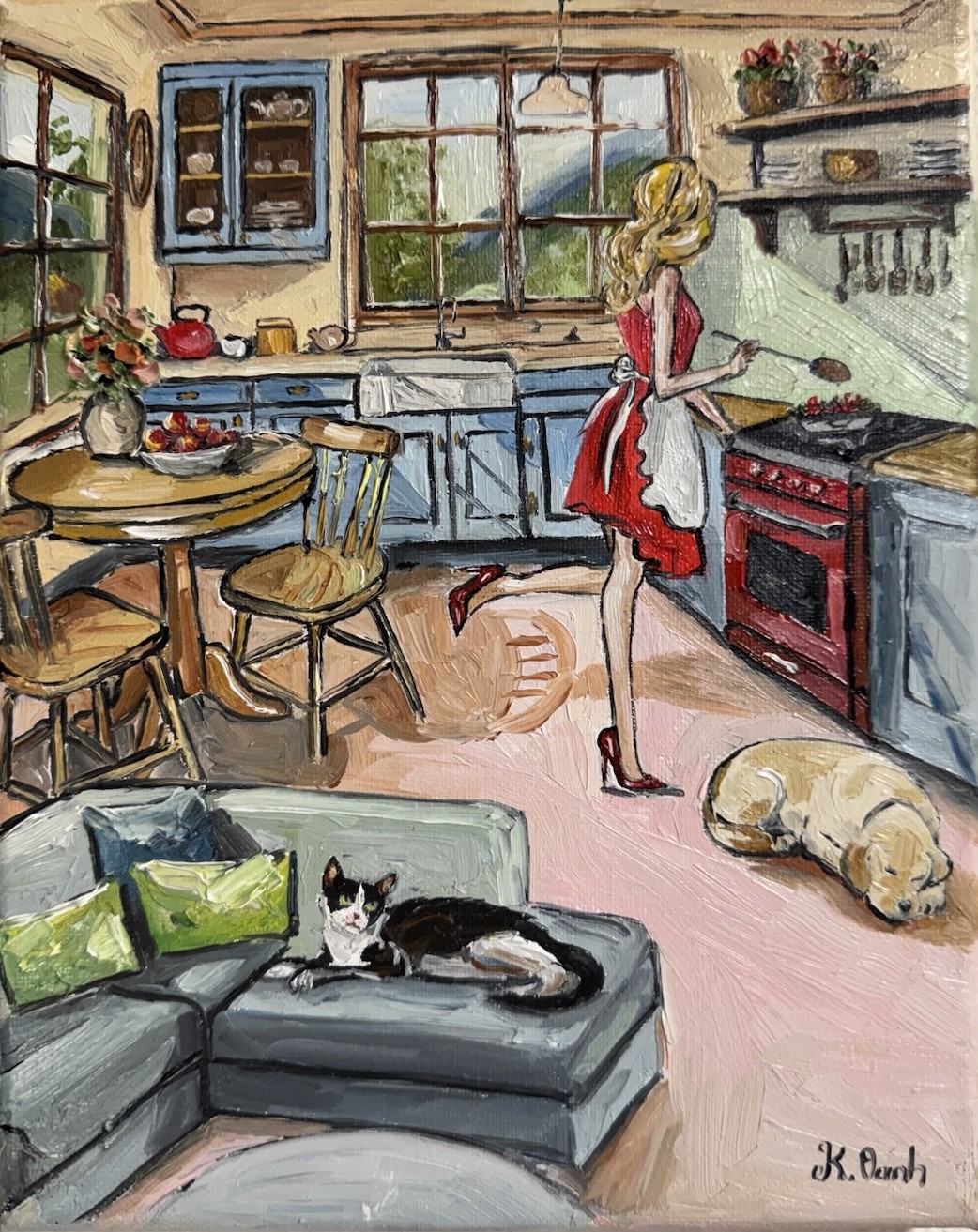 ORIGINAL OIL PAINTING A WOMAN COOKING IN KITCHEN & PETS INDOOR SCENE SIGNED 8×10