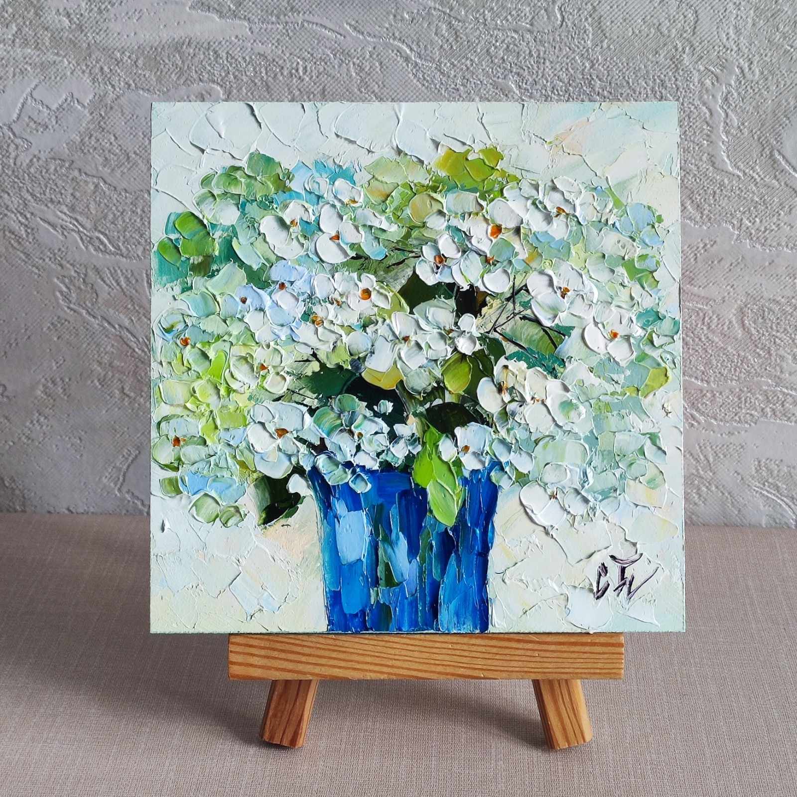 original oil painting Hydrangea white flowers artwork Floral wall art 6*6 in