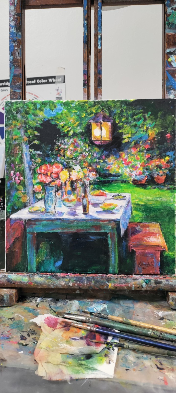 Original 10 X 10 Expressionist Garden Party Acrylic Canvas Wall Art Painting