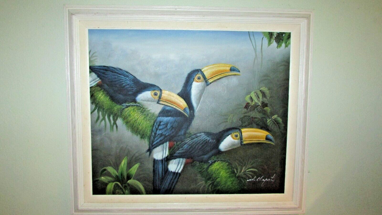 Mid 20th Century Oil Painting Macaws by Mariel Chapot, Framed Hollywood Regency
