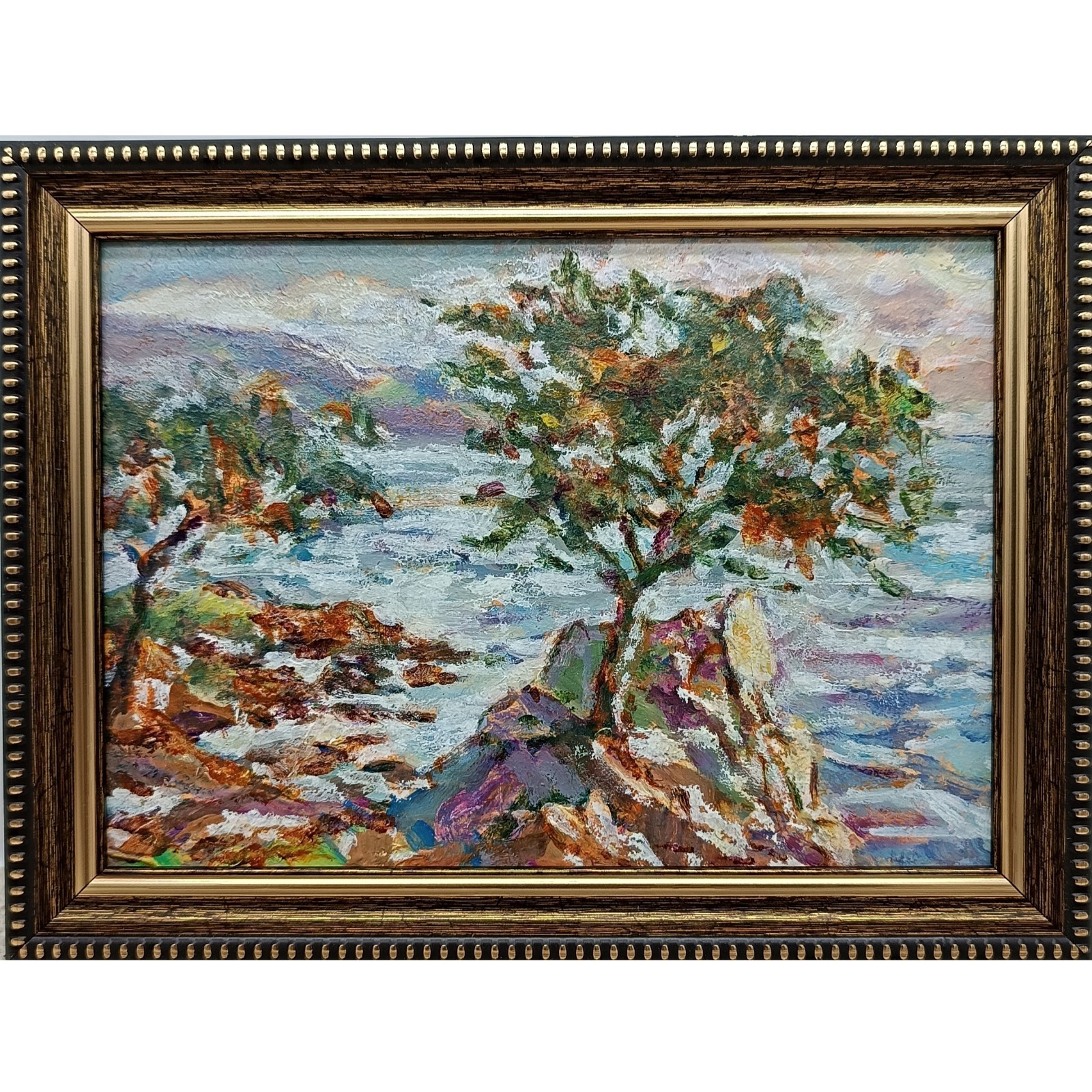 Coastal Tree Original Oil Painting 4×6 Framed Signed Seascape Landscape Wall Art