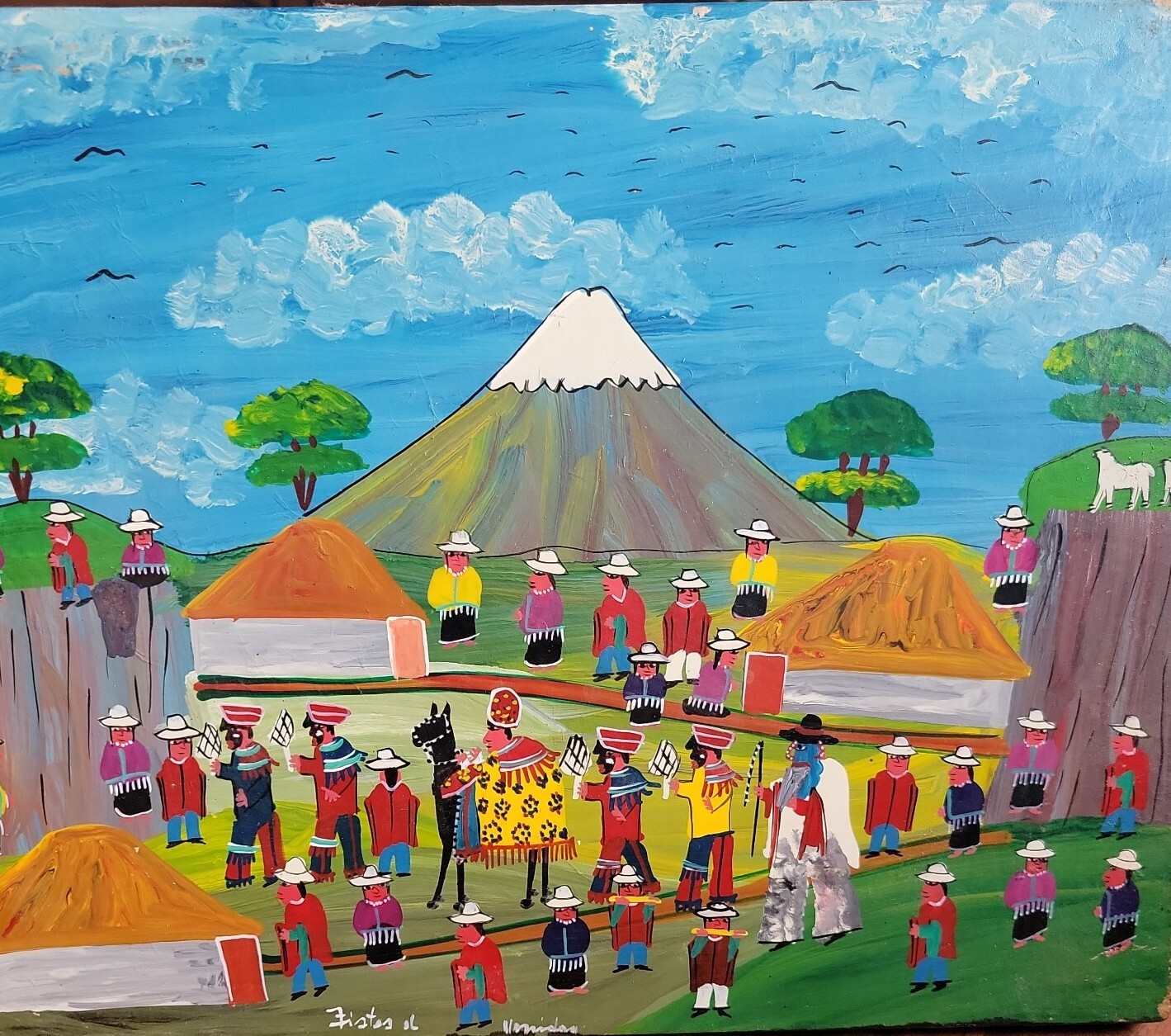 Vintage Tigua Shaman ceremony Folk Art Ecuador Painting artist unknown 11.5×9.5