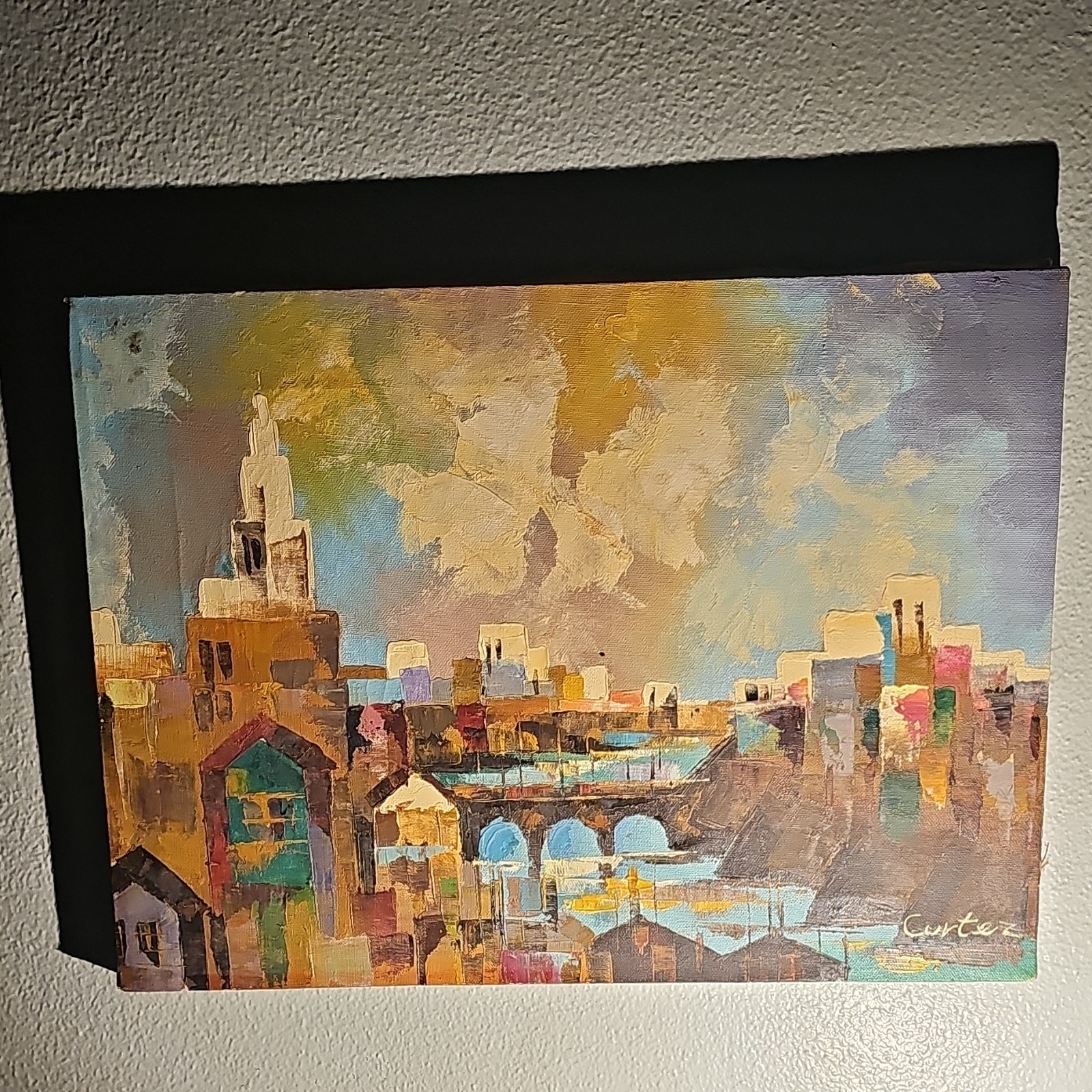 Cortez Signed Abstract Cityscape Skyline Painting on, Small, Unframed 12″x16″