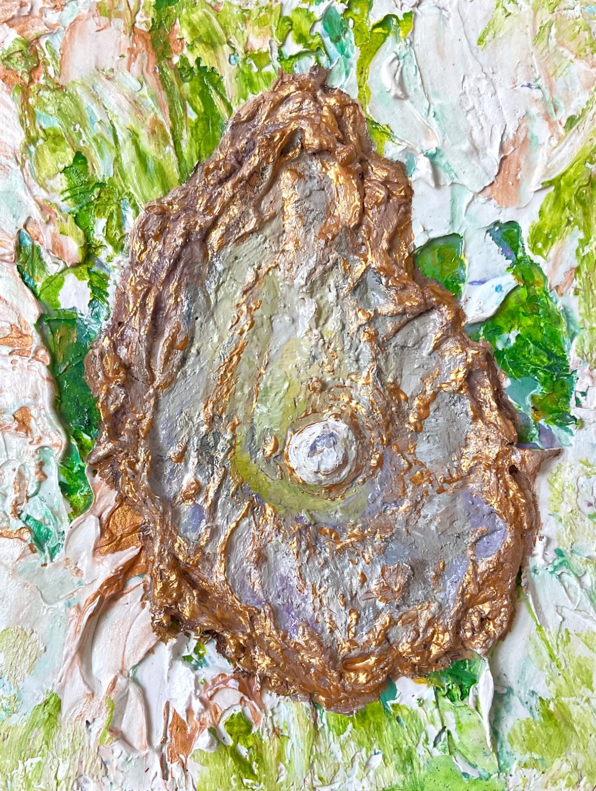 Original Abstract Oyster Texture Painting Gold Impasto Wall Art 8×6.4in Signed